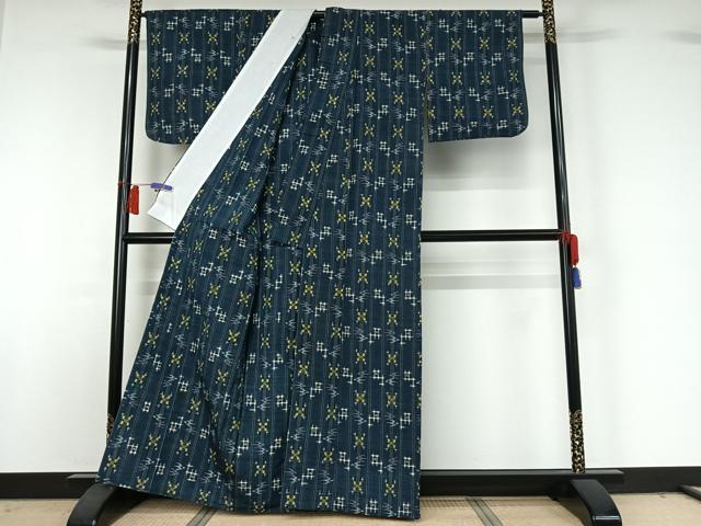 平和屋着物▽上質な紬　単衣　琉球絣文様　正絹　逸品　AABH9789jh