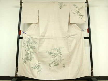 平和屋着物▽訪問着 単衣 生紬 手描き 枝花文 正絹 逸品 AABH9794jh