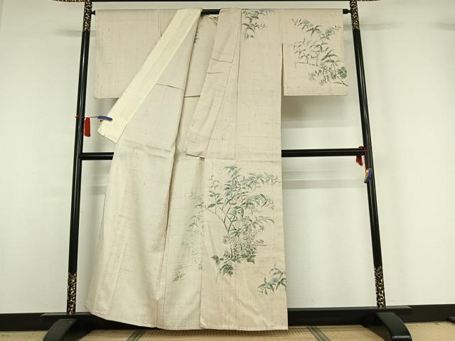 平和屋着物▽訪問着 単衣 生紬 手描き 枝花文 正絹 逸品 AABH9794jh