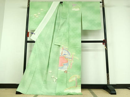 平和屋着物▽訪問着　単衣　紬地　手描き　風景文　ロング丈　正絹　逸品　AABH9795jh