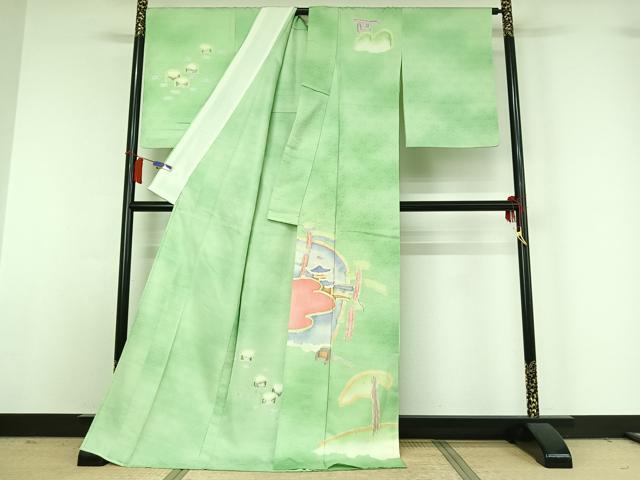 平和屋着物▽訪問着　単衣　紬地　手描き　風景文　ロング丈　正絹　逸品　AABH9795jh