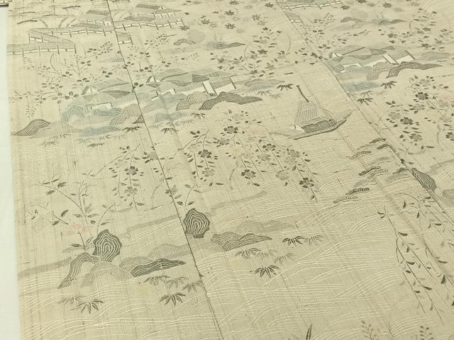 平和屋着物▽染織の名門　しょうざん  生紬　訪問着　単衣　手描き　絞り　人物風景文　金彩　正絹　逸品　AABF5010jh 平和屋着物▽染織の名門 しょうざん 生紬 訪問着 単衣 手描き 絞り