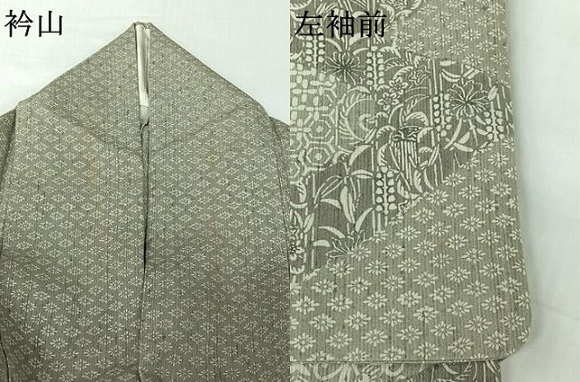 平和屋着物▽訪問着　単衣　紬地　型染め　道長更紗花文　正絹　逸品　AABH9804jh