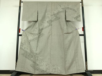 平和屋着物▽訪問着　単衣　紬地　型染め　道長更紗花文　正絹　逸品　AABH9804jh