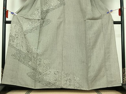 平和屋着物▽訪問着　単衣　紬地　型染め　道長更紗花文　正絹　逸品　AABH9804jh
