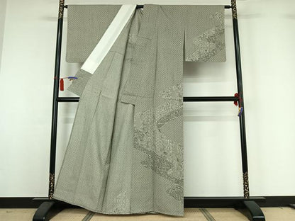 平和屋着物▽訪問着　単衣　紬地　型染め　道長更紗花文　正絹　逸品　AABH9804jh