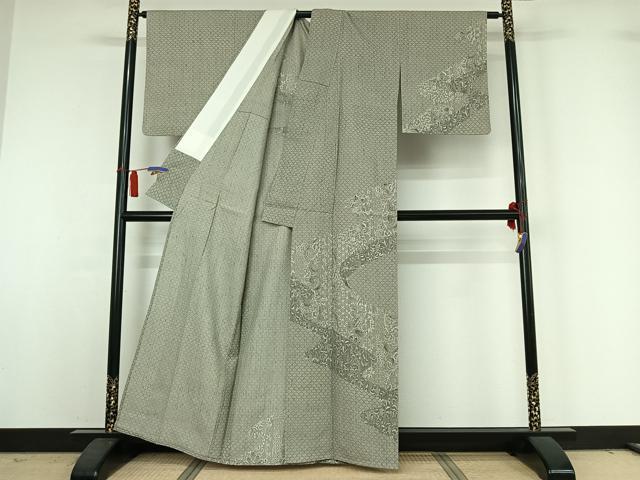平和屋着物▽訪問着　単衣　紬地　型染め　道長更紗花文　正絹　逸品　AABH9804jh