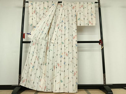 平和屋着物▽上質な紬　単衣　けん玉　独楽　正絹　逸品　AABH9806jh