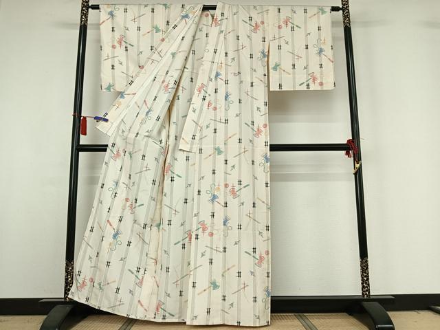 平和屋着物▽上質な紬　単衣　けん玉　独楽　正絹　逸品　AABH9806jh