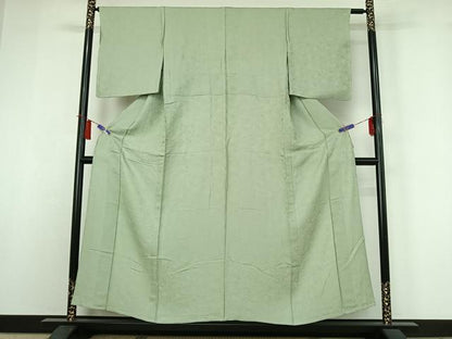 平和屋着物▽上質な色無地　単衣　花づくし地紋　白緑色　正絹　逸品　AABH9808jh