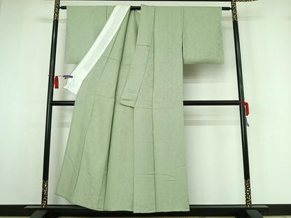 平和屋着物▽上質な色無地　単衣　花づくし地紋　白緑色　正絹　逸品　AABH9808jh