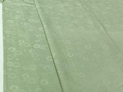 平和屋着物▽上質な色無地　単衣　花づくし地紋　白緑色　正絹　逸品　AABH9808jh