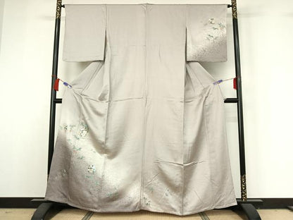 平和屋着物▽訪問着　単衣　駒刺繍　草花文　暈し染め　金彩　正絹　逸品　AABH9813jh