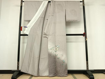 平和屋着物▽訪問着　単衣　駒刺繍　草花文　暈し染め　金彩　正絹　逸品　AABH9813jh