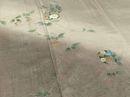 平和屋着物▽訪問着　単衣　駒刺繍　草花文　暈し染め　金彩　正絹　逸品　AABH9813jh