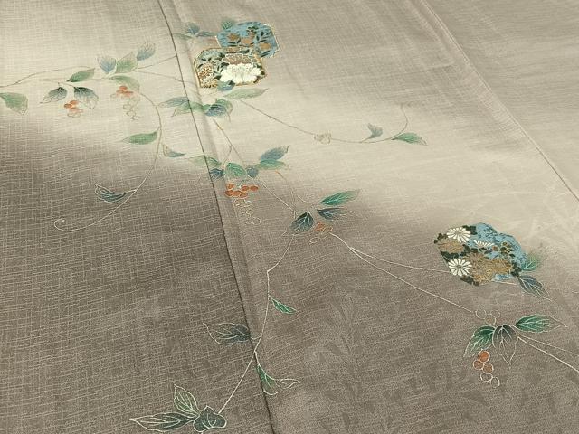 平和屋着物▽訪問着　単衣　駒刺繍　草花文　暈し染め　金彩　正絹　逸品　AABH9813jh