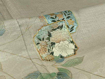 平和屋着物▽訪問着　単衣　駒刺繍　草花文　暈し染め　金彩　正絹　逸品　AABH9813jh