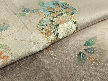 平和屋着物▽訪問着　単衣　駒刺繍　草花文　暈し染め　金彩　正絹　逸品　AABH9813jh
