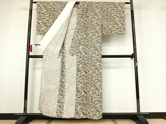 平和屋着物▽上質な小紋　単衣　風景文　正絹　逸品　AABH9819jh
