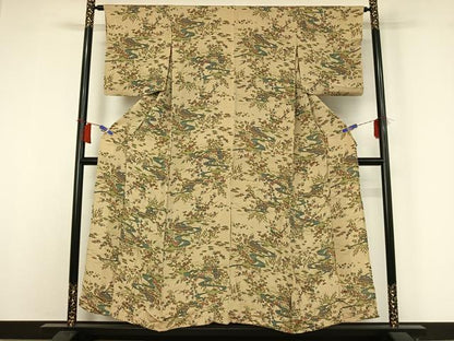 平和屋着物▽上質な小紋　単衣　流水風景花文　鬼しぼ縮緬　正絹　逸品　AABH9822jh