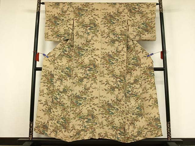平和屋着物▽上質な小紋　単衣　流水風景花文　鬼しぼ縮緬　正絹　逸品　AABH9822jh