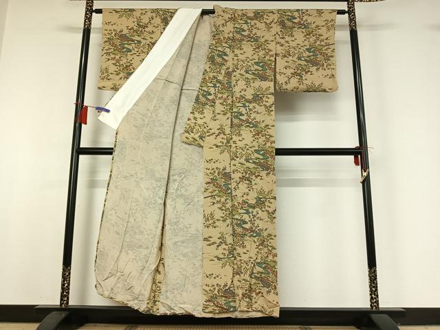 平和屋着物▽上質な小紋　単衣　流水風景花文　鬼しぼ縮緬　正絹　逸品　AABH9822jh