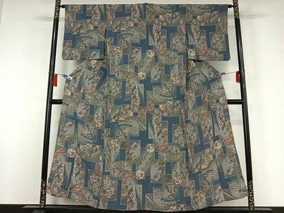 平和屋着物▽上質な小紋　単衣　手描き　風景花鳥文　暈し染め　金彩　鬼しぼ縮緬　正絹　逸品　AABH9828jh