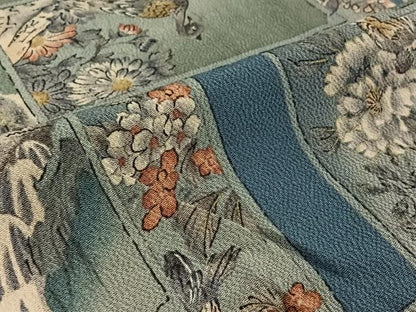 平和屋着物▽上質な小紋　単衣　手描き　風景花鳥文　暈し染め　金彩　鬼しぼ縮緬　正絹　逸品　AABH9828jh