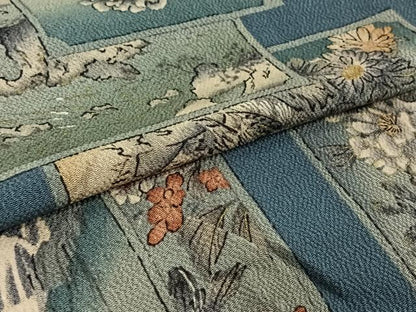 平和屋着物▽上質な小紋　単衣　手描き　風景花鳥文　暈し染め　金彩　鬼しぼ縮緬　正絹　逸品　AABH9828jh