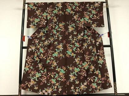 平和屋着物▽上質な小紋　単衣　更紗花文　正絹　逸品　AABH9832jh