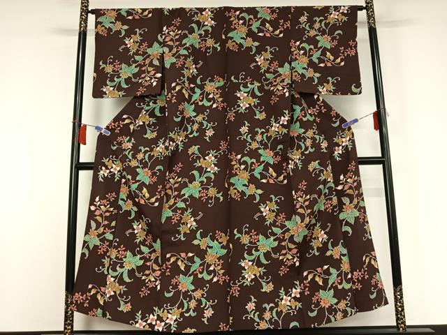 平和屋着物▽上質な小紋　単衣　更紗花文　正絹　逸品　AABH9832jh