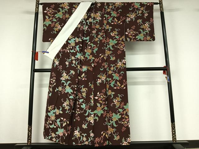 平和屋着物▽上質な小紋　単衣　更紗花文　正絹　逸品　AABH9832jh
