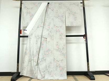 平和屋着物▽上質な紬　単衣　枝葉文　正絹　逸品　AABH9836jh