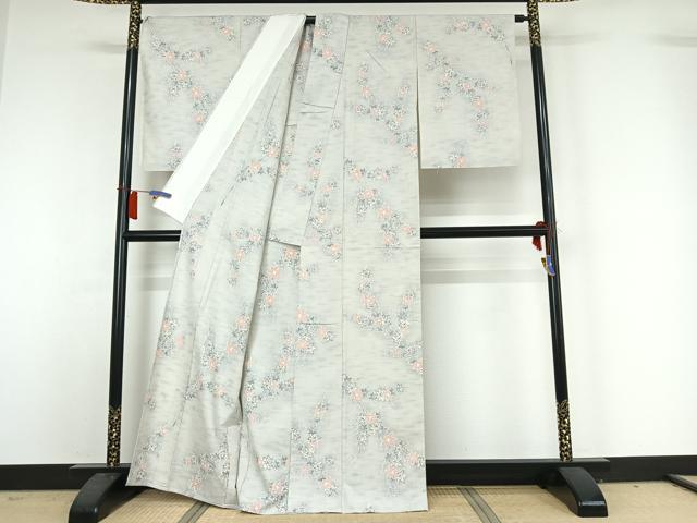 平和屋着物▽上質な紬　単衣　枝葉文　正絹　逸品　AABH9836jh