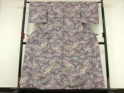 平和屋着物▽小紋　単衣　風景花文　洗える着物　AABH9847jh