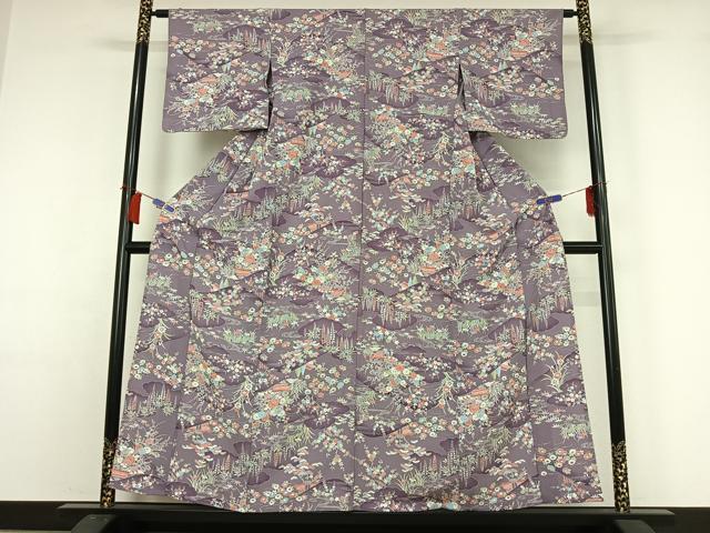 平和屋着物▽小紋　単衣　風景花文　洗える着物　AABH9847jh