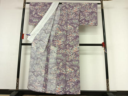 平和屋着物▽小紋　単衣　風景花文　洗える着物　AABH9847jh