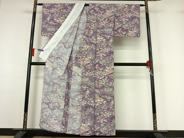 平和屋着物▽小紋　単衣　風景花文　洗える着物　AABH9847jh