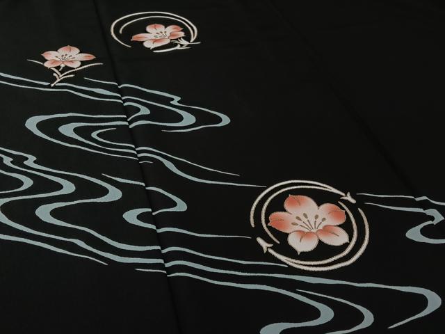 平和屋着物▽訪問着　単衣　流水花文　黒地　金彩　洗える着物　AABH9849jh