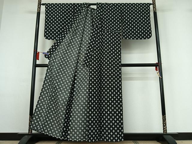 平和屋着物▽小紋　単衣　十字絣　黒地　洗える着物　AABH9850jh