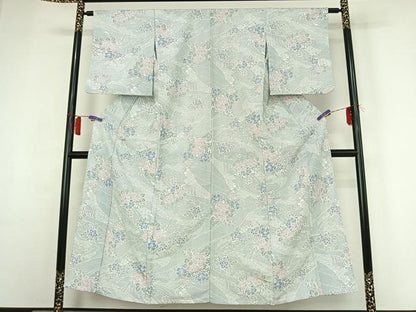 平和屋着物▽小紋　単衣　流水吉祥花文　洗える着物　AABH9852jh