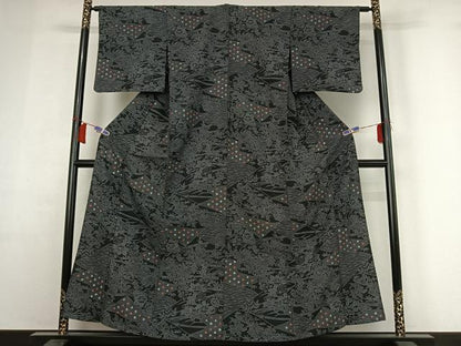 平和屋着物▽小紋　単衣　流水風景花文　黒地　洗える着物　AABH9855jh