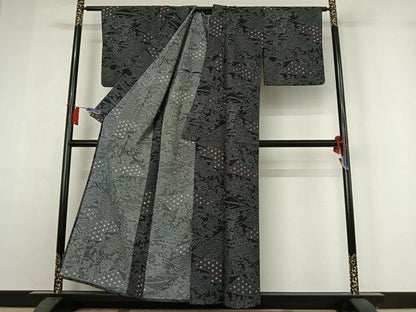 平和屋着物▽小紋　単衣　流水風景花文　黒地　洗える着物　AABH9855jh