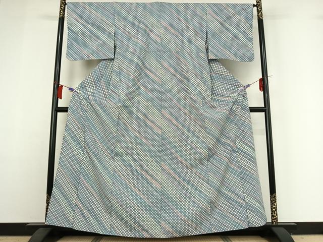 平和屋着物▽小紋　単衣　斜縞　暈し染め　洗える着物　AABH9857jh