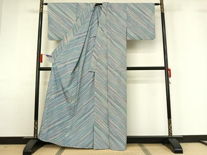 平和屋着物▽小紋　単衣　斜縞　暈し染め　洗える着物　AABH9857jh
