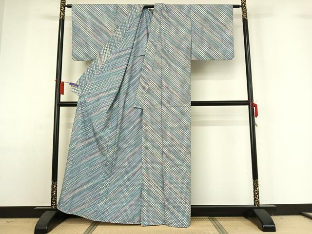 平和屋着物▽小紋　単衣　斜縞　暈し染め　洗える着物　AABH9857jh