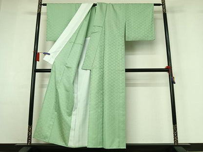 平和屋着物▽色無地　単衣　青海波地紋　薄萌葱色　洗える着物　AABH9863jh