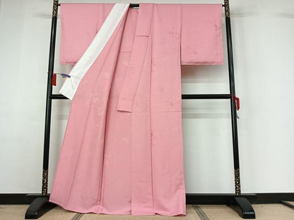 平和屋着物▽上質な色無地　単衣　雪輪花地紋　鴇色　正絹　逸品　AABH9865jh