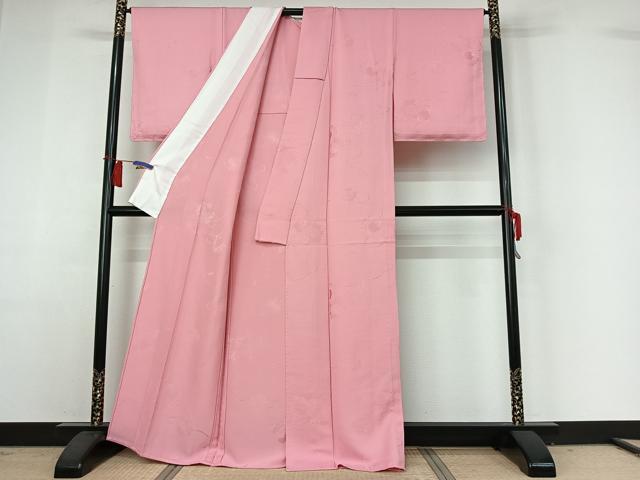 平和屋着物▽上質な色無地　単衣　雪輪花地紋　鴇色　正絹　逸品　AABH9865jh