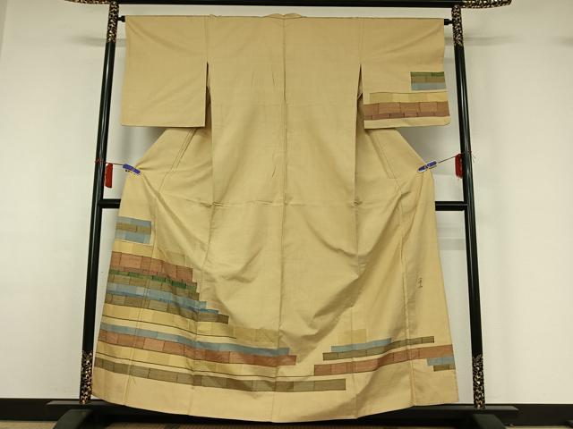 平和屋着物▽能州紬　絲藝苑　上島洋山　訪問着　単衣　横段文　ますいわ屋扱い　正絹　逸品　AABH9872jh